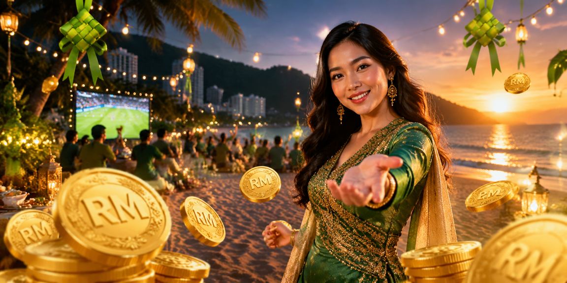 Suasana kasino perayaan Hari Raya di Pulau Pinang dengan lampu meriah dan permainan slot